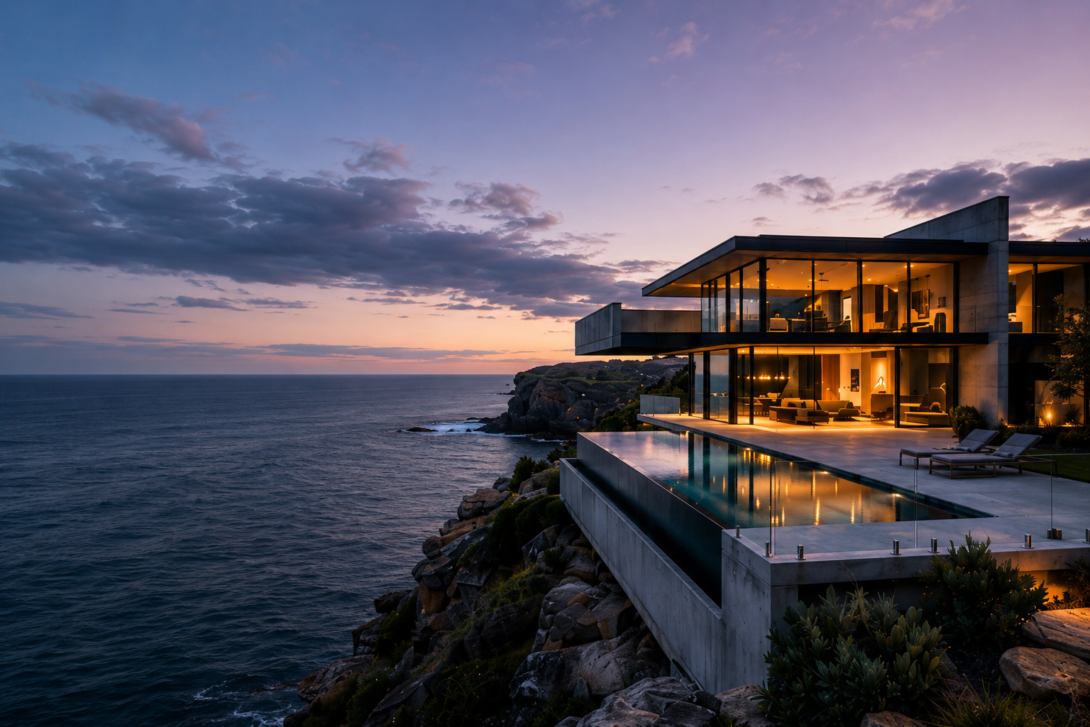 Modern cliffside villa overlooking the ocean at dusk