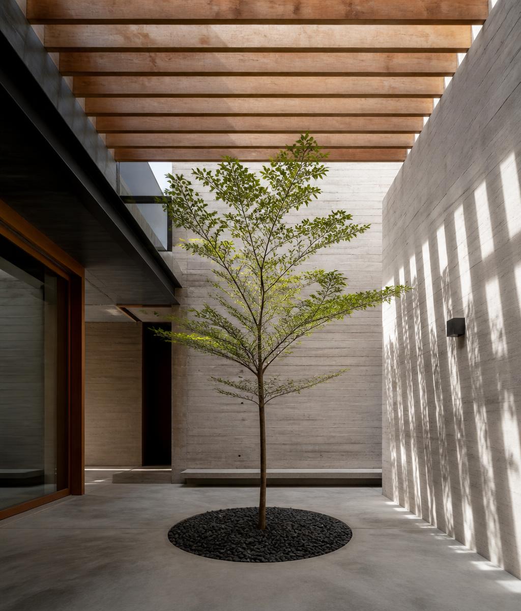 Concrete courtyard with a single tree under timber beams